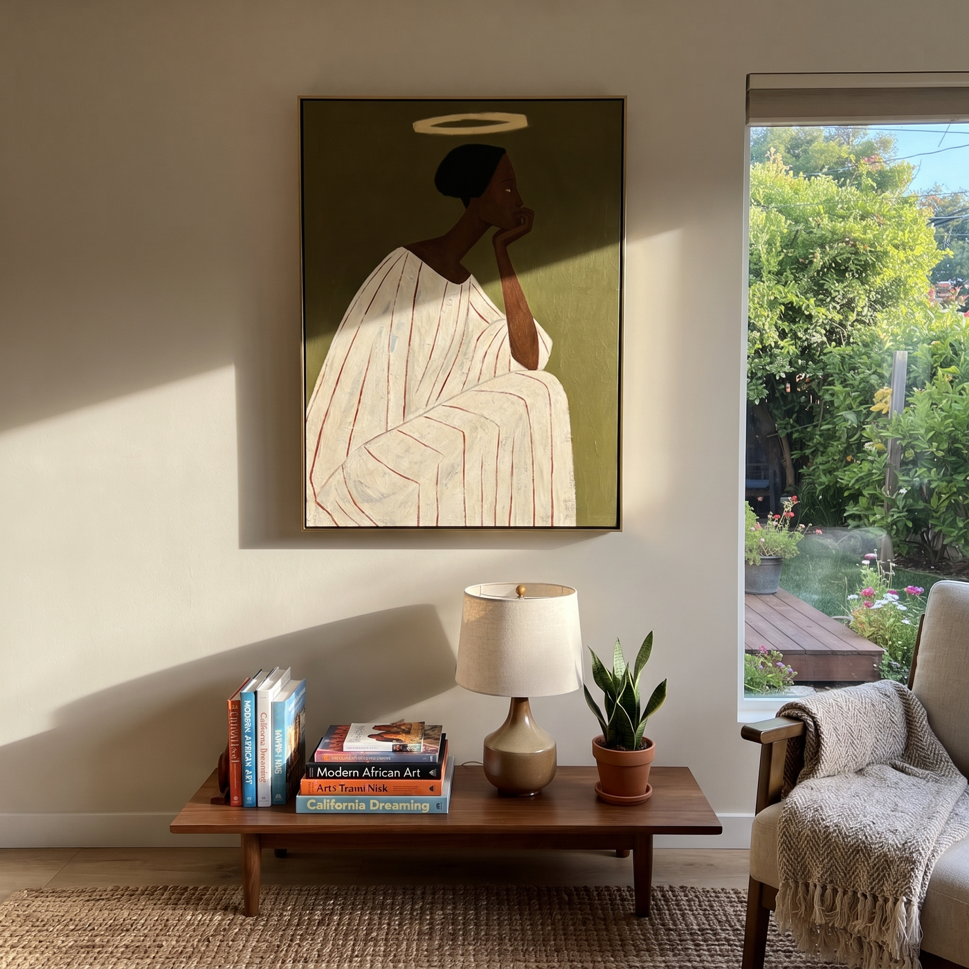 White Robe Holds a Thought - Contemplative Ivory Figure painting by Adrian Lee, mid-century modern vertical wall art – styled room scene view 2