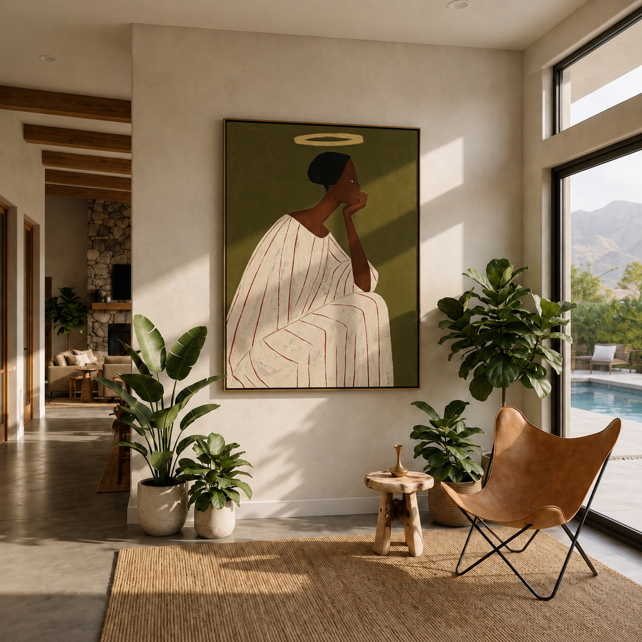 White Robe Holds a Thought - Contemplative Ivory Figure painting by Adrian Lee, mid-century modern vertical wall art – styled room scene view 3