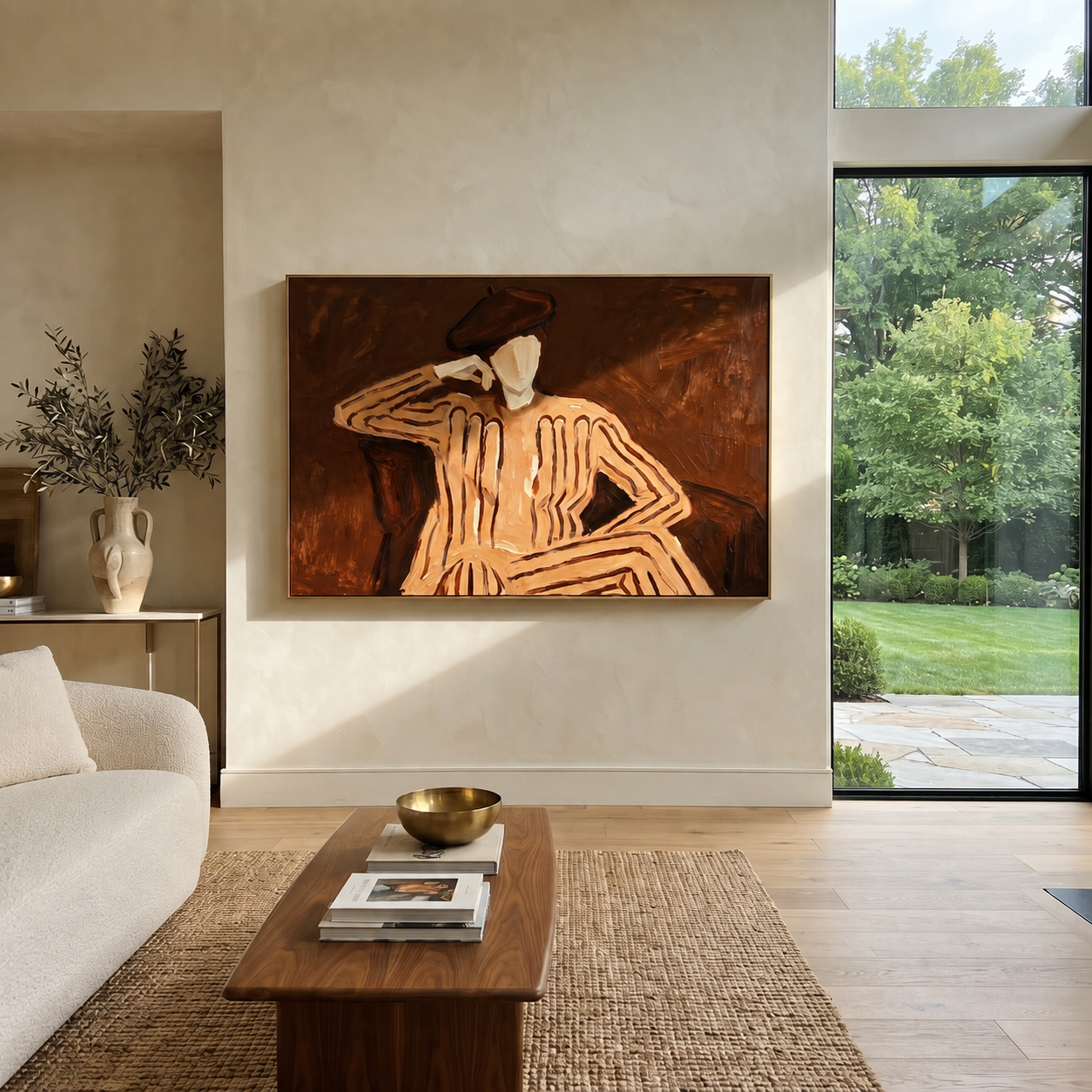 Brown Echo Leans Sideways - Reclining Brown Figure painting by Adrian Lee, mid-century modern horizontal wall art – styled room scene view 1