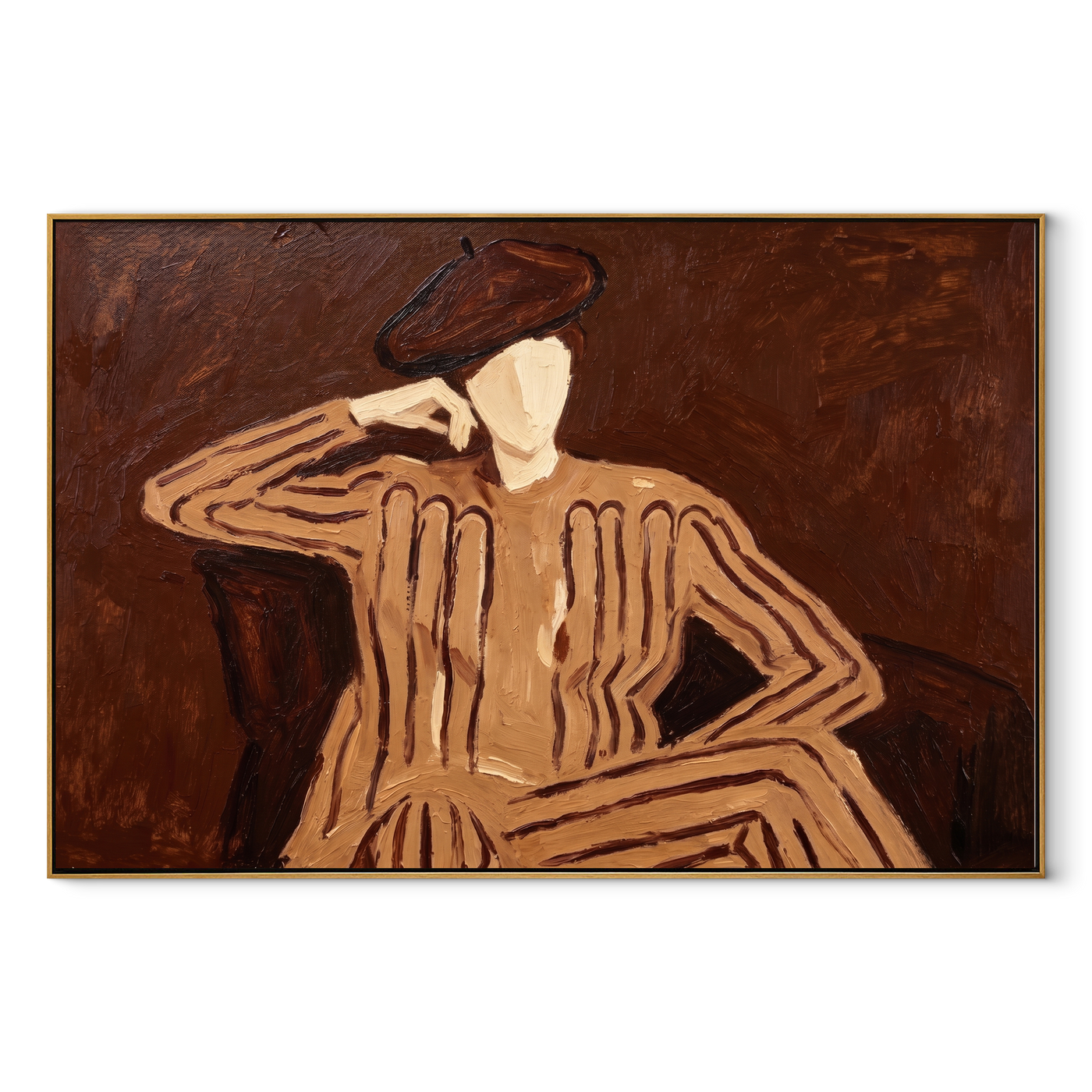 Brown Echo Leans Sideways - Reclining Brown Figure painting by Adrian Lee, mid-century modern horizontal wall art – wood frame on white background