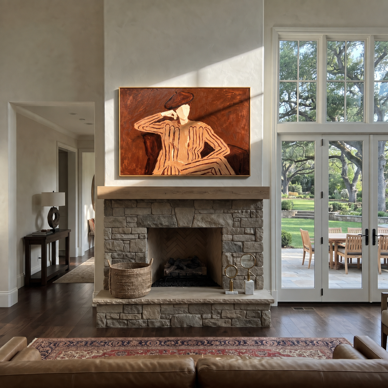 Brown Echo Leans Sideways - Reclining Brown Figure painting by Adrian Lee, mid-century modern horizontal wall art – styled room scene view 2