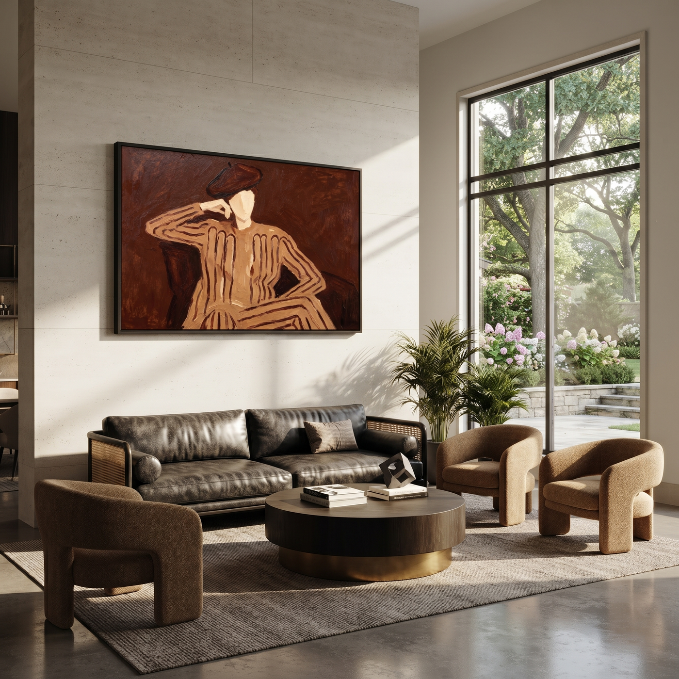 Brown Echo Leans Sideways - Reclining Brown Figure painting by Adrian Lee, mid-century modern horizontal wall art – styled room scene view 3