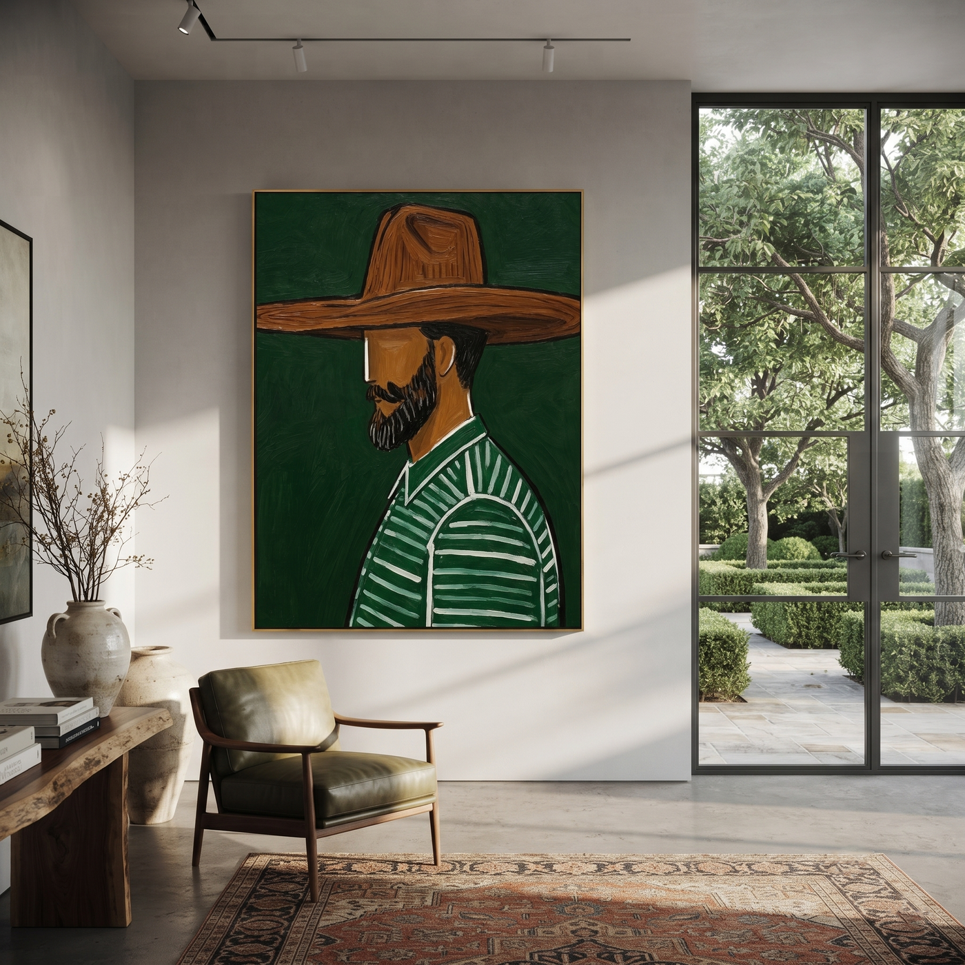 Forest Profile Guards Umber - Bearded Green Profile painting by Adrian Lee, mid-century modern vertical wall art – styled room scene view 1