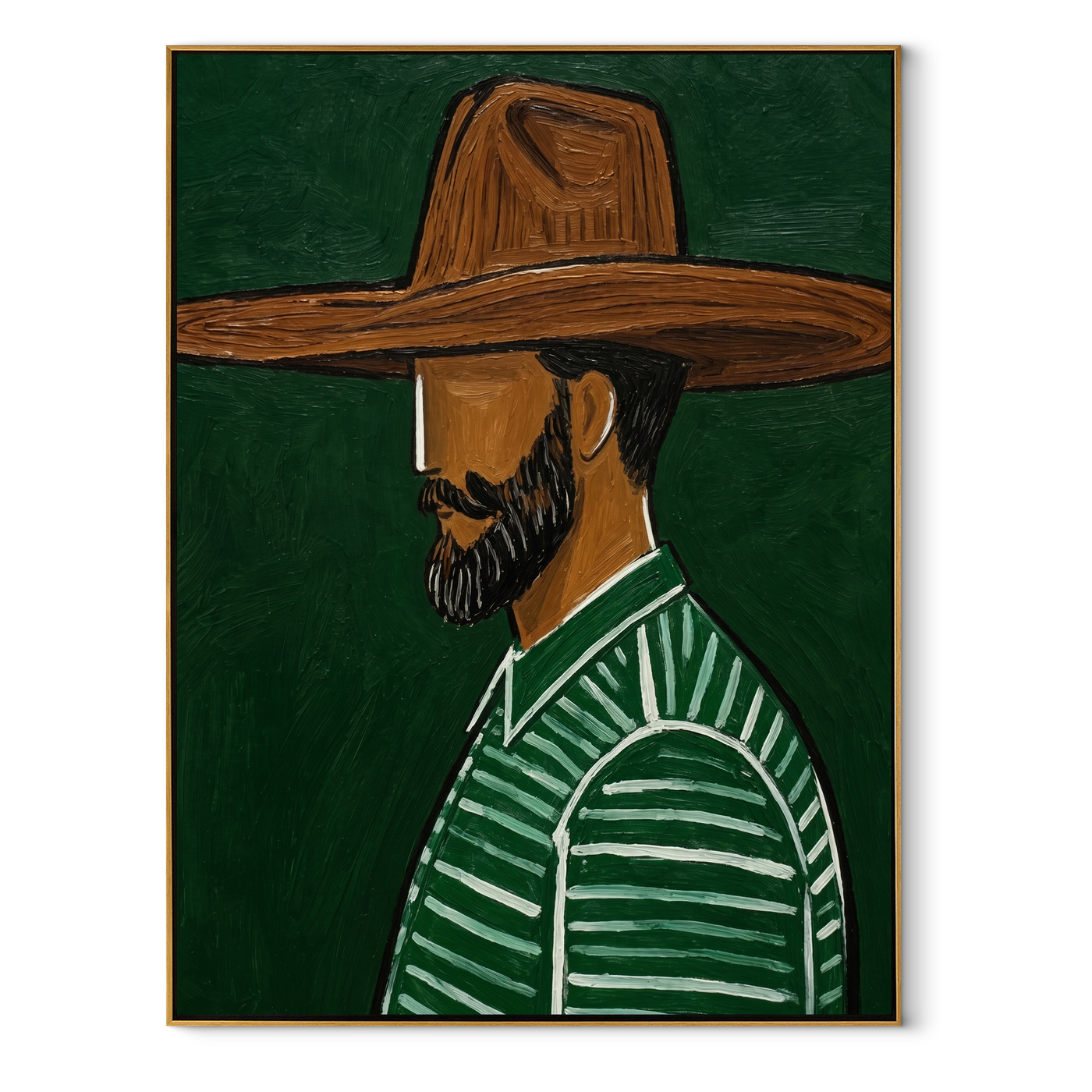 Forest Profile Guards Umber - Bearded Green Profile painting by Adrian Lee, mid-century modern vertical wall art – wood frame on white background