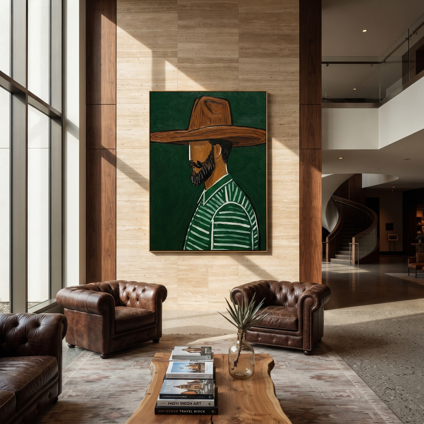 Forest Profile Guards Umber - Bearded Green Profile painting by Adrian Lee, mid-century modern vertical wall art – styled room scene view 2