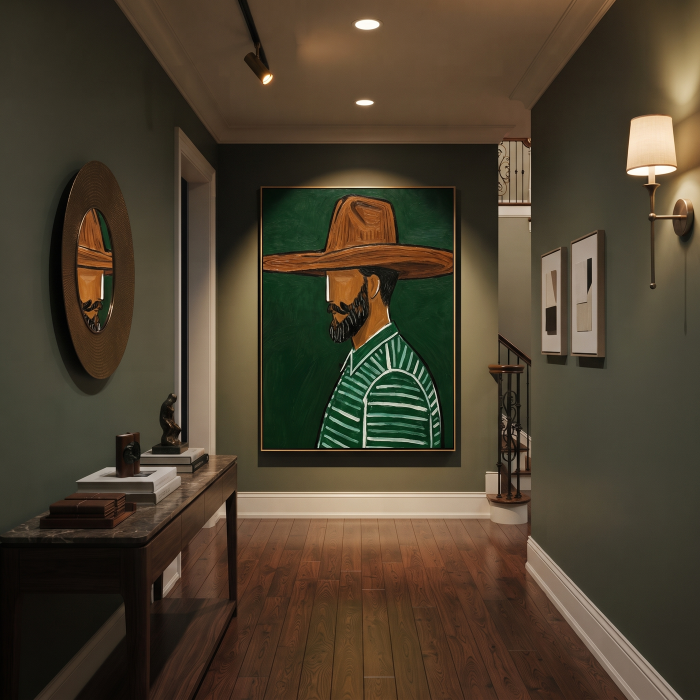 Forest Profile Guards Umber - Bearded Green Profile painting by Adrian Lee, mid-century modern vertical wall art – styled room scene view 3
