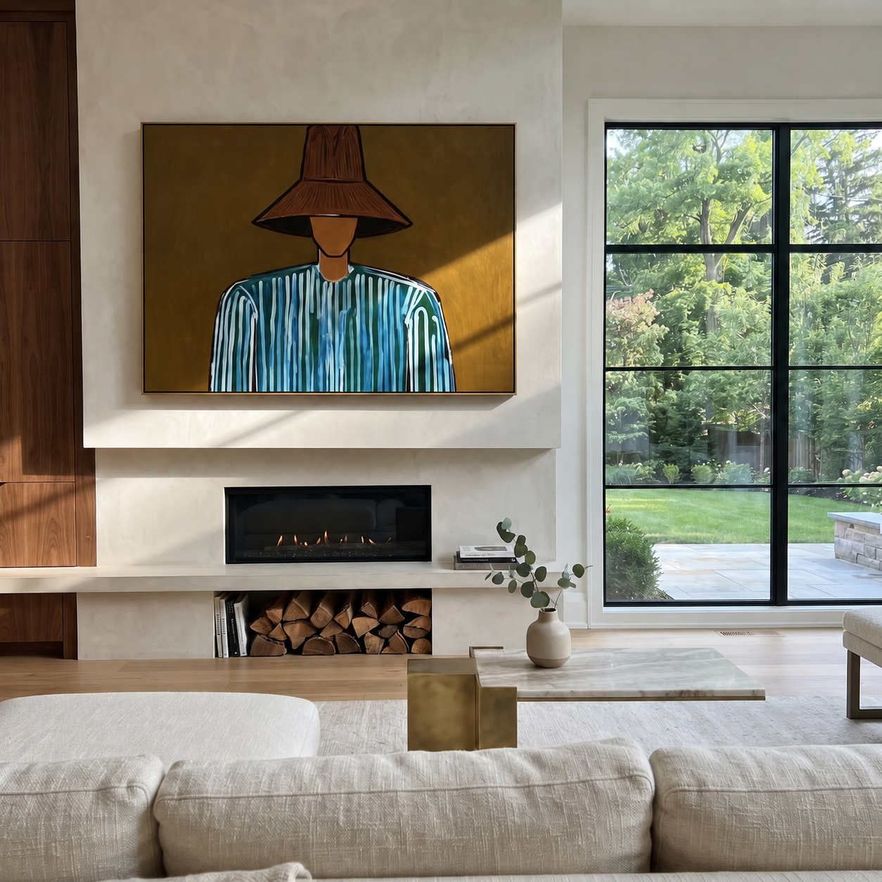 Blue Lines Hide Beneath Brown - Blue Stripe Wide Hat Portrait painting by Adrian Lee, mid-century modern horizontal wall art – styled room scene view 1