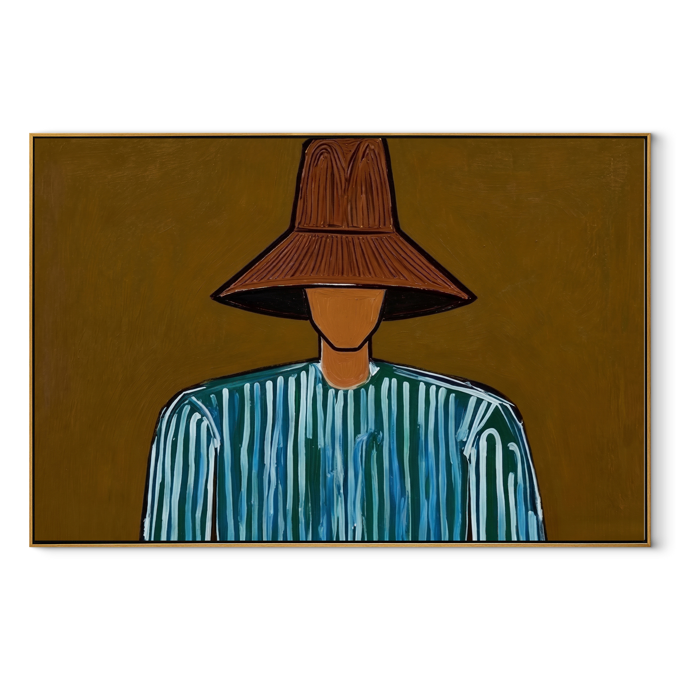 Blue Lines Hide Beneath Brown - Blue Stripe Wide Hat Portrait painting by Adrian Lee, mid-century modern horizontal wall art – wood frame on white background