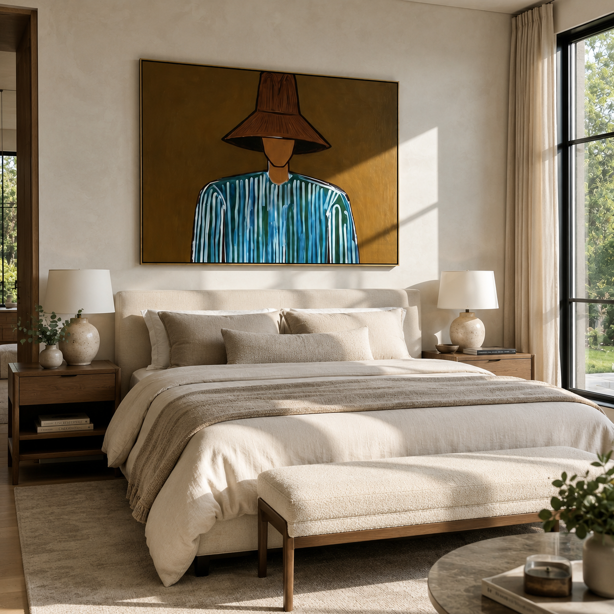 Blue Lines Hide Beneath Brown - Blue Stripe Wide Hat Portrait painting by Adrian Lee, mid-century modern horizontal wall art – styled room scene view 2