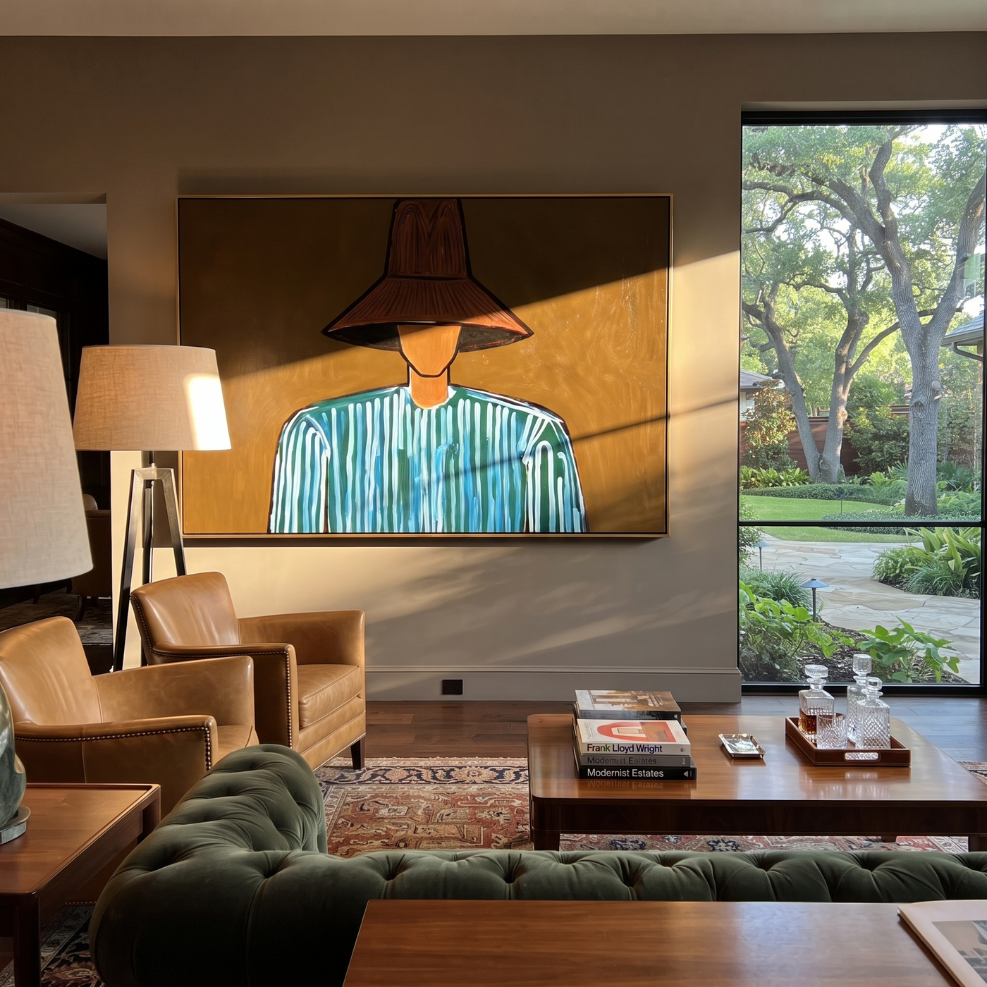 Blue Lines Hide Beneath Brown - Blue Stripe Wide Hat Portrait painting by Adrian Lee, mid-century modern horizontal wall art – styled room scene view 3