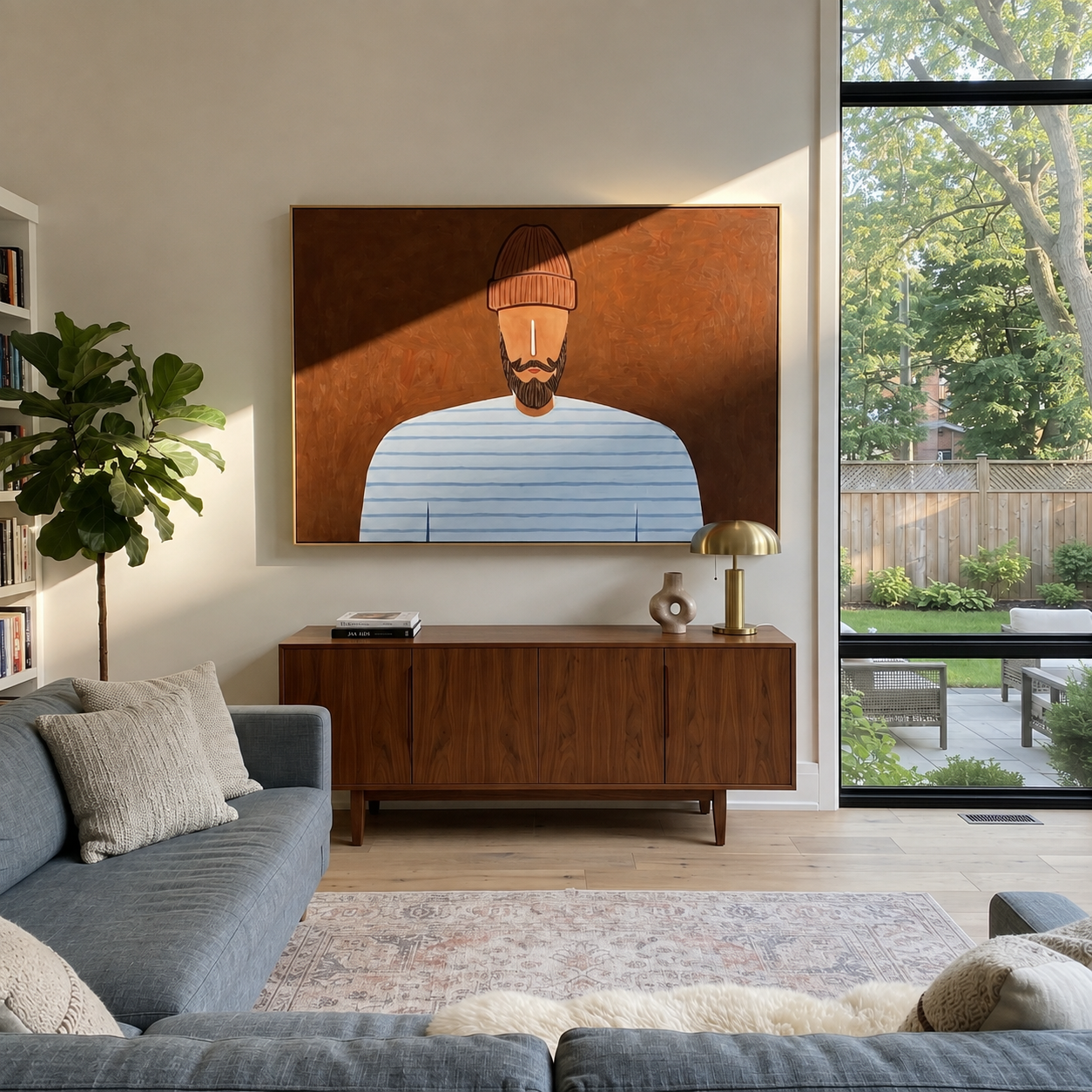 Pale Blue Meets Dark Earth - Blue Stripe Bearded Portrait painting by Adrian Lee, mid-century modern horizontal wall art – styled room scene view 1