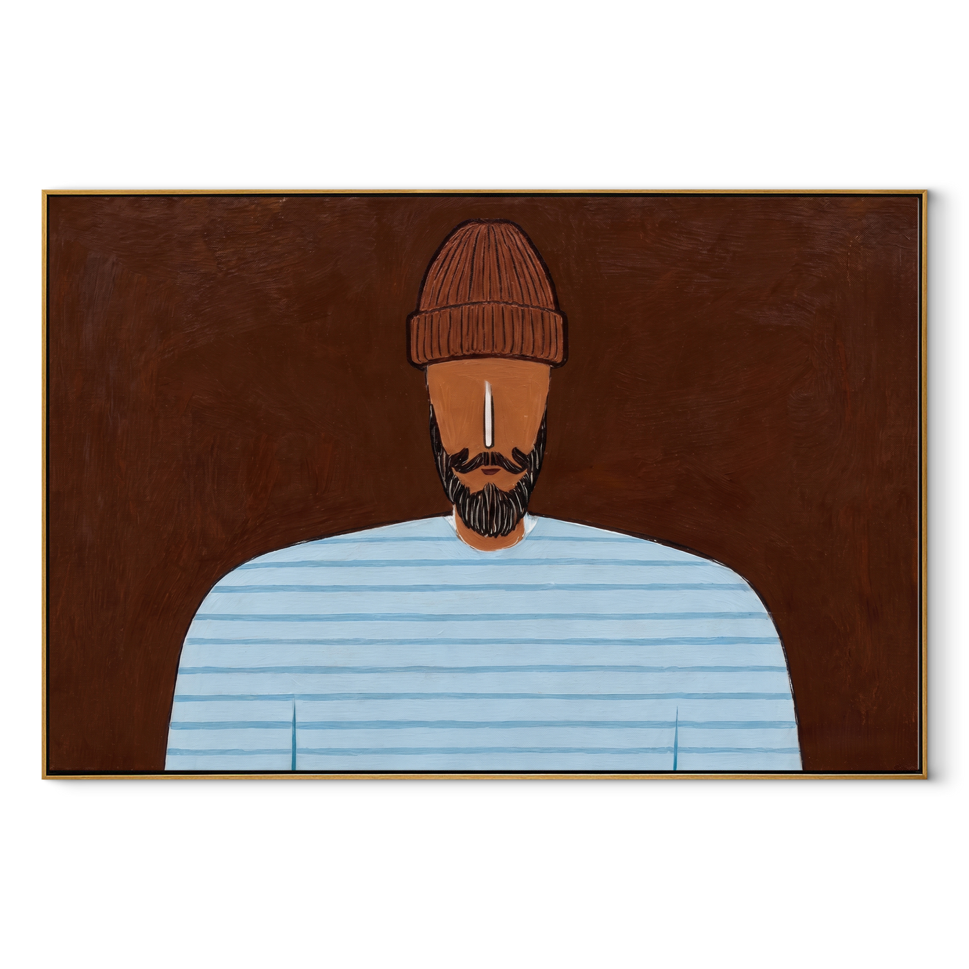 Pale Blue Meets Dark Earth - Blue Stripe Bearded Portrait painting by Adrian Lee, mid-century modern horizontal wall art – wood frame on white background