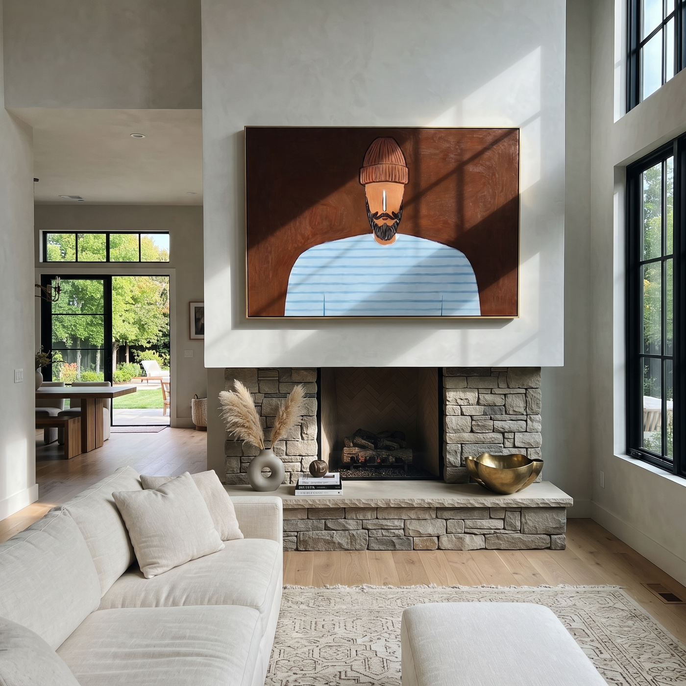 Pale Blue Meets Dark Earth - Blue Stripe Bearded Portrait painting by Adrian Lee, mid-century modern horizontal wall art – styled room scene view 2