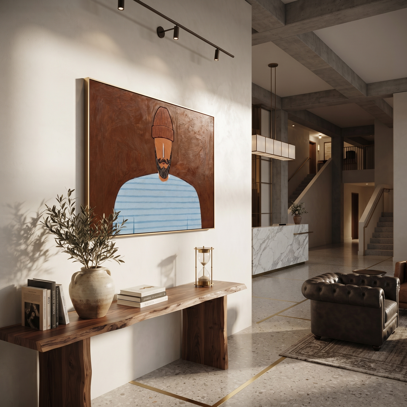 Pale Blue Meets Dark Earth - Blue Stripe Bearded Portrait painting by Adrian Lee, mid-century modern horizontal wall art – styled room scene view 3