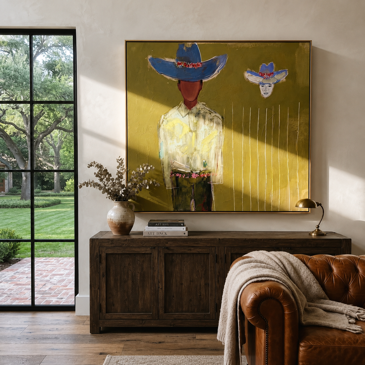 Blue Crown Floats Olive - Surreal Blue Hat Figure painting by Adrian Lee, mid-century modern square wall art – styled room scene view 1