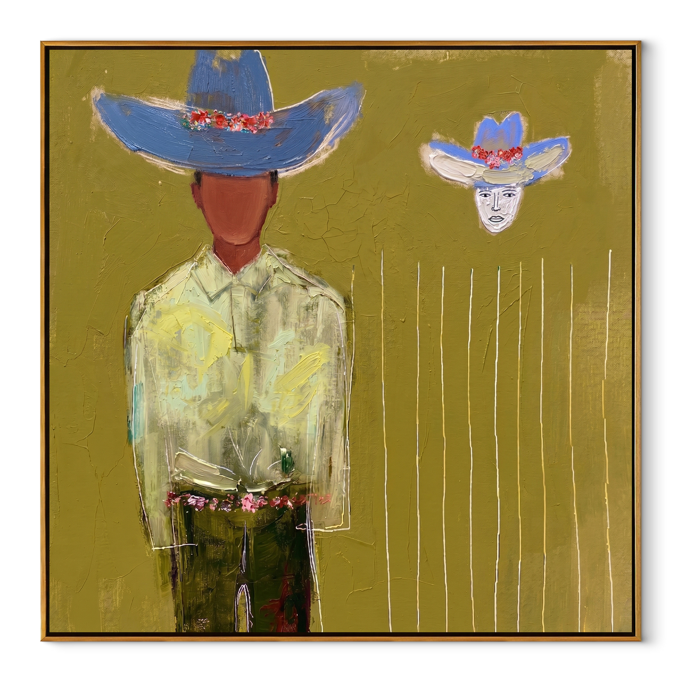 Blue Crown Floats Olive - Surreal Blue Hat Figure painting by Adrian Lee, mid-century modern square wall art – wood frame on white background