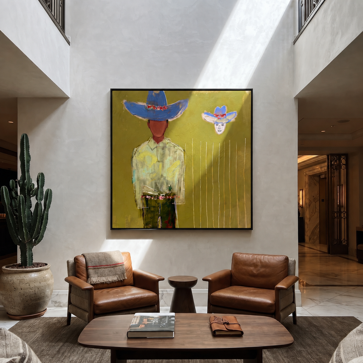 Blue Crown Floats Olive - Surreal Blue Hat Figure painting by Adrian Lee, mid-century modern square wall art – styled room scene view 2