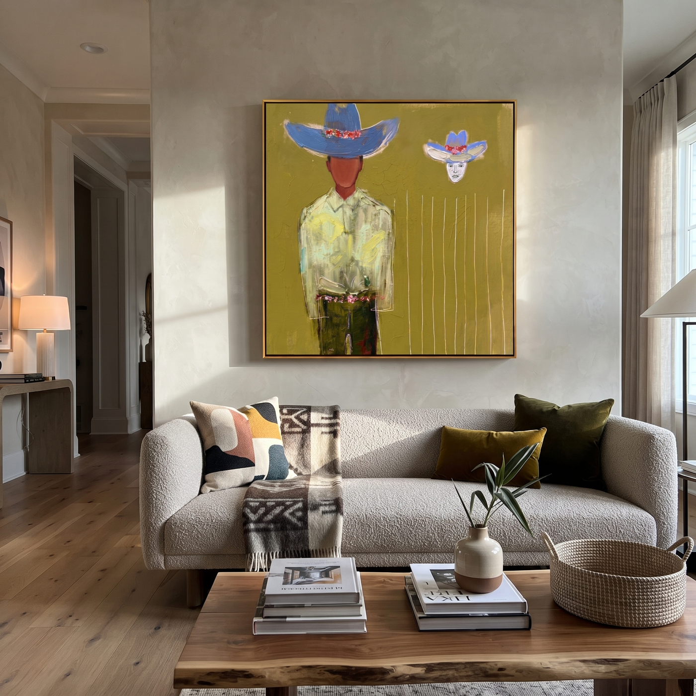 Blue Crown Floats Olive - Surreal Blue Hat Figure painting by Adrian Lee, mid-century modern square wall art – styled room scene view 3