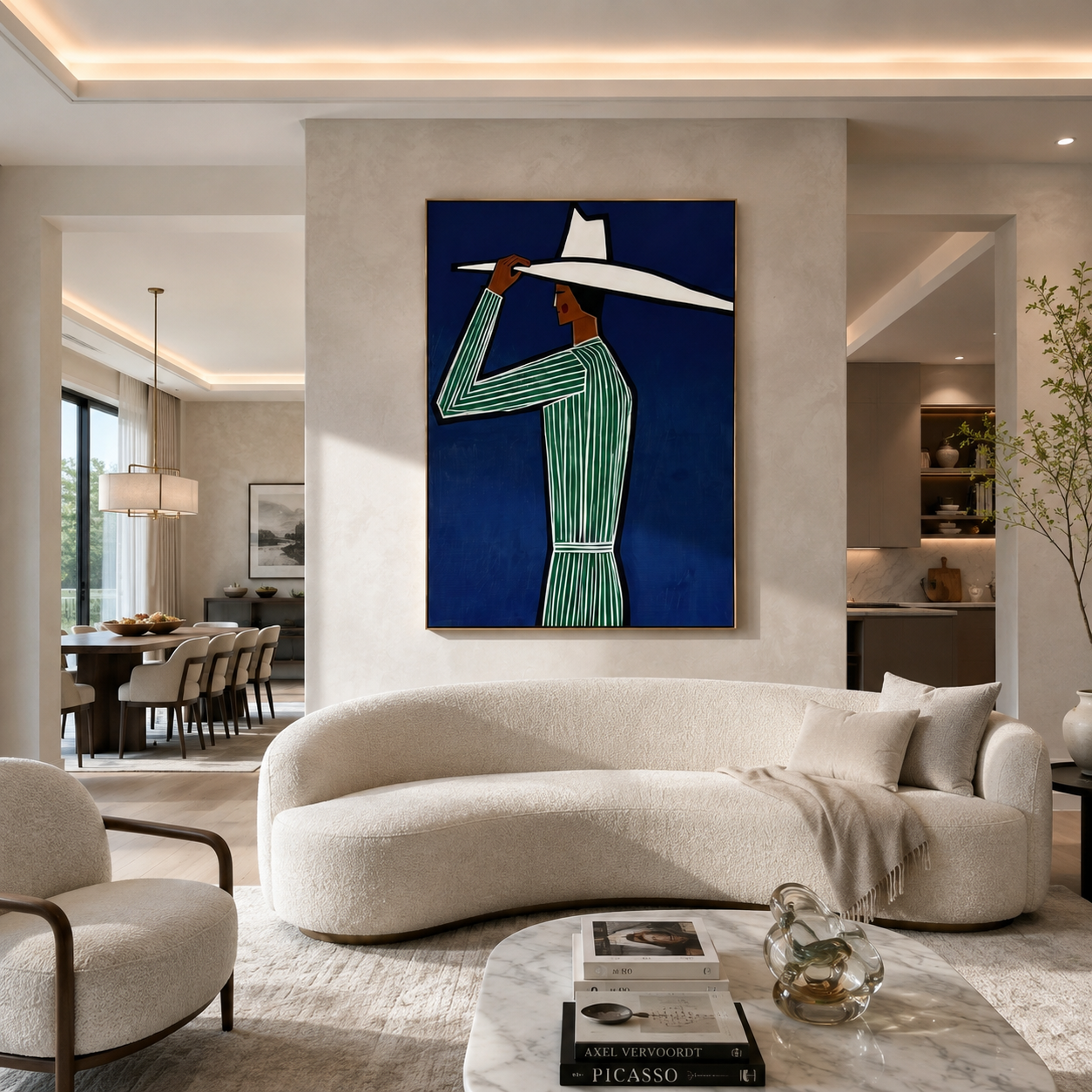 White Brim Cuts Cobalt - Green Stripe Profile Figure painting by Adrian Lee, mid-century modern vertical wall art – styled room scene view 1