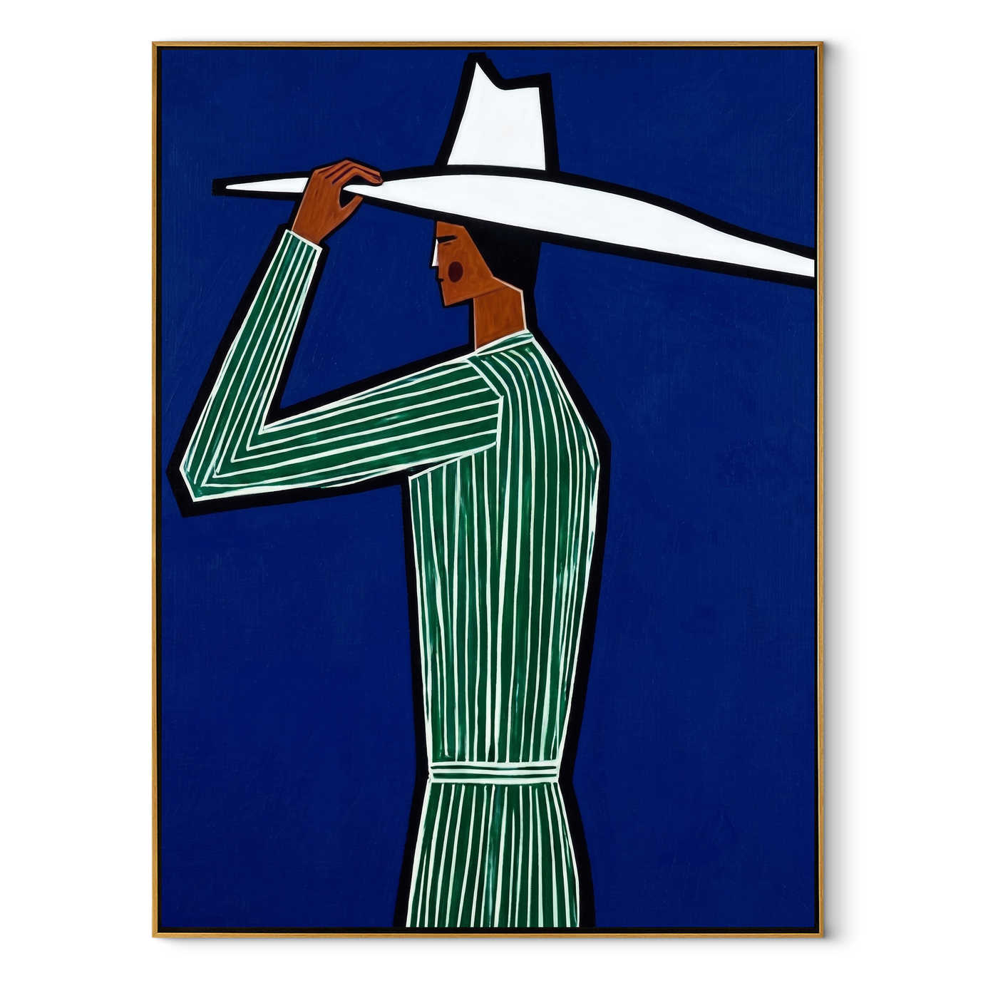 White Brim Cuts Cobalt - Green Stripe Profile Figure painting by Adrian Lee, mid-century modern vertical wall art – wood frame on white background