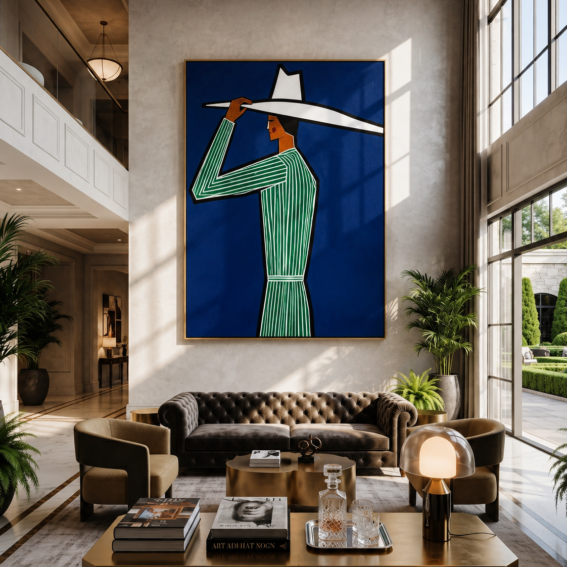 White Brim Cuts Cobalt - Green Stripe Profile Figure painting by Adrian Lee, mid-century modern vertical wall art – styled room scene view 2