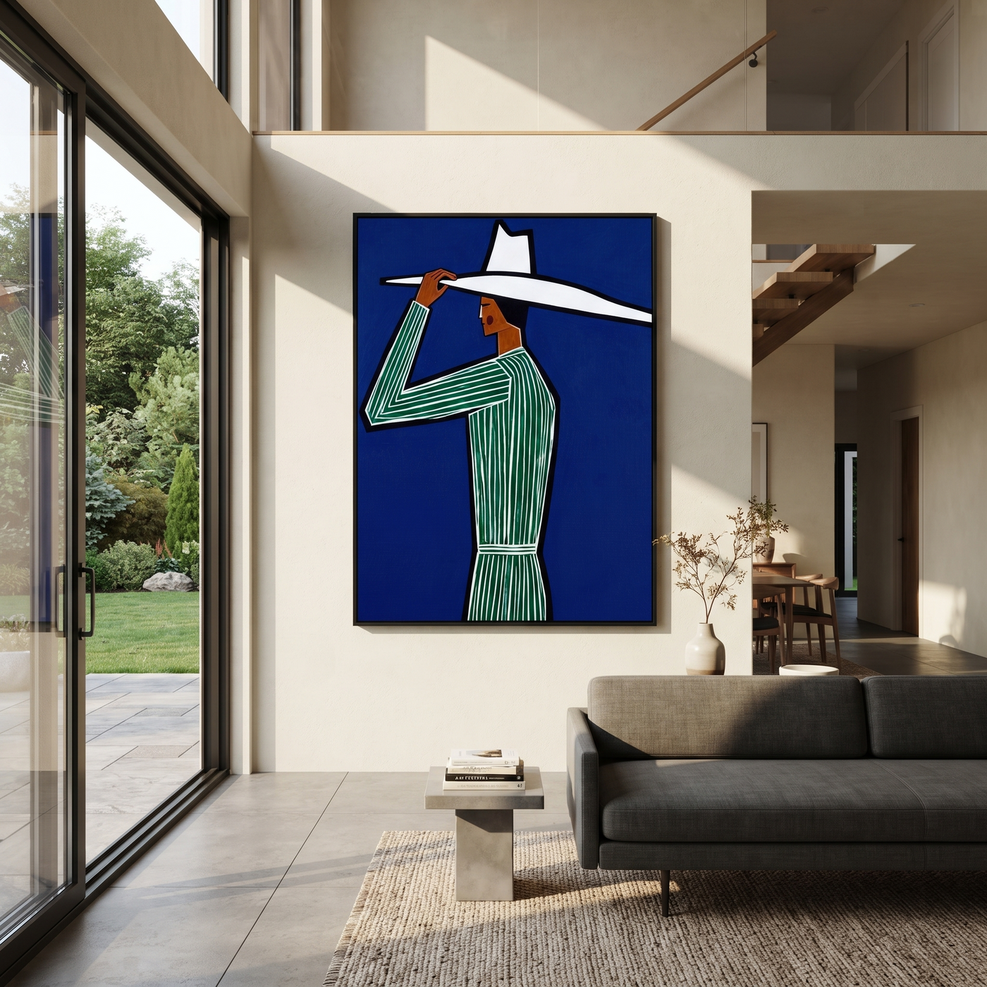 White Brim Cuts Cobalt - Green Stripe Profile Figure painting by Adrian Lee, mid-century modern vertical wall art – styled room scene view 3