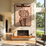 Earth Lines Walk Alone - Geometric Brown Hat Figure painting by Adrian Lee, mid-century modern vertical wall art – styled room scene view 1