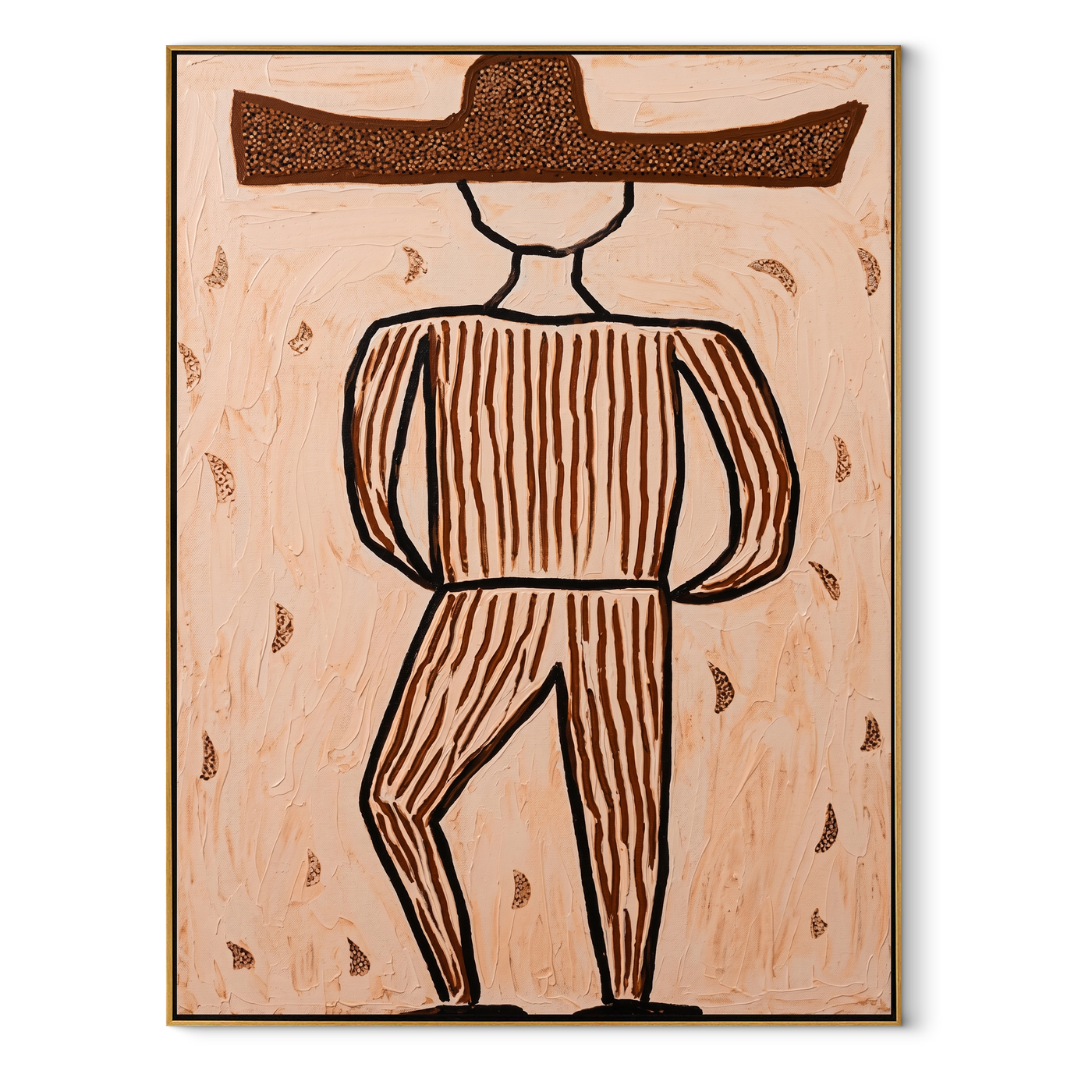 Earth Lines Walk Alone - Geometric Brown Hat Figure painting by Adrian Lee, mid-century modern vertical wall art – wood frame on white background