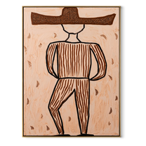 Earth Lines Walk Alone - Geometric Brown Hat Figure painting by Adrian Lee, mid-century modern vertical wall art – wood frame on white background