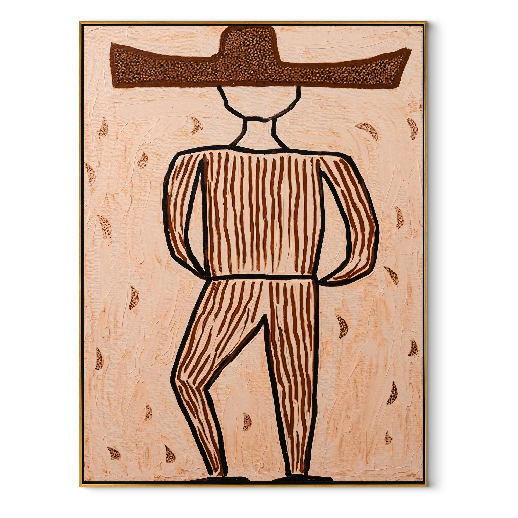 Earth Lines Walk Alone - Geometric Brown Hat Figure painting by Adrian Lee, mid-century modern vertical wall art – wood frame on white background