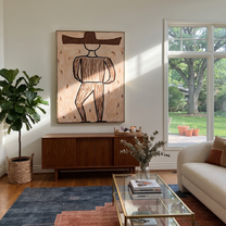 Earth Lines Walk Alone - Geometric Brown Hat Figure painting by Adrian Lee, mid-century modern vertical wall art – styled room scene view 2