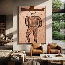 Earth Lines Walk Alone - Geometric Brown Hat Figure painting by Adrian Lee, mid-century modern vertical wall art – styled room scene view 3