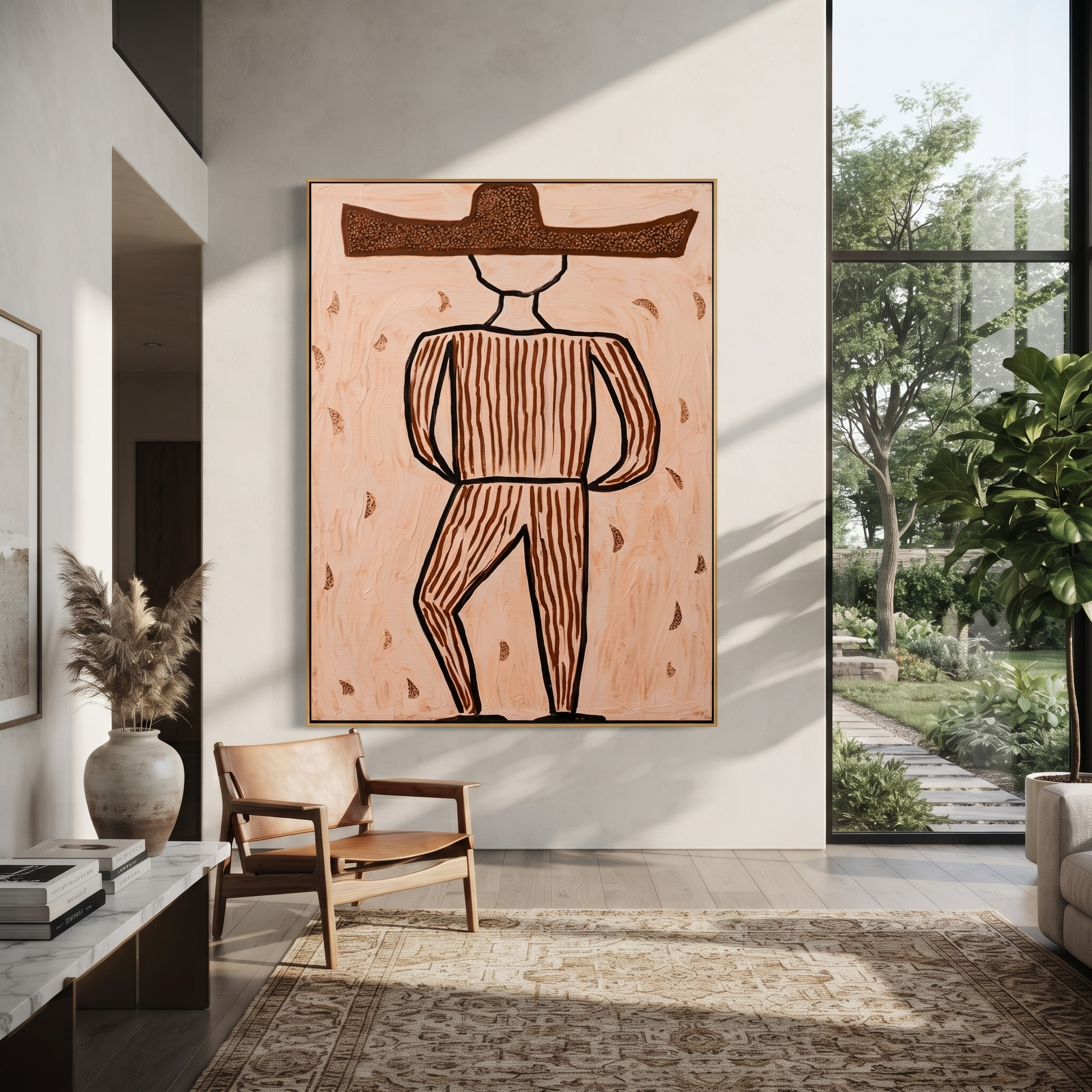 Earth Lines Walk Alone - Geometric Brown Hat Figure painting by Adrian Lee, mid-century modern vertical wall art – styled room scene view 4