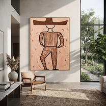 Earth Lines Walk Alone - Geometric Brown Hat Figure painting by Adrian Lee, mid-century modern vertical wall art – styled room scene view 4