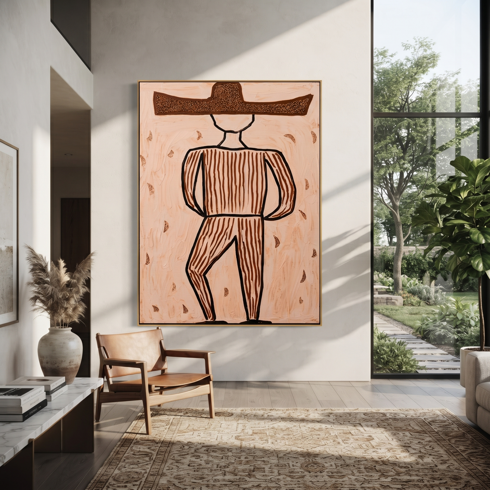 Earth Lines Walk Alone - Geometric Brown Hat Figure painting by Adrian Lee, mid-century modern vertical wall art – styled room scene view 4