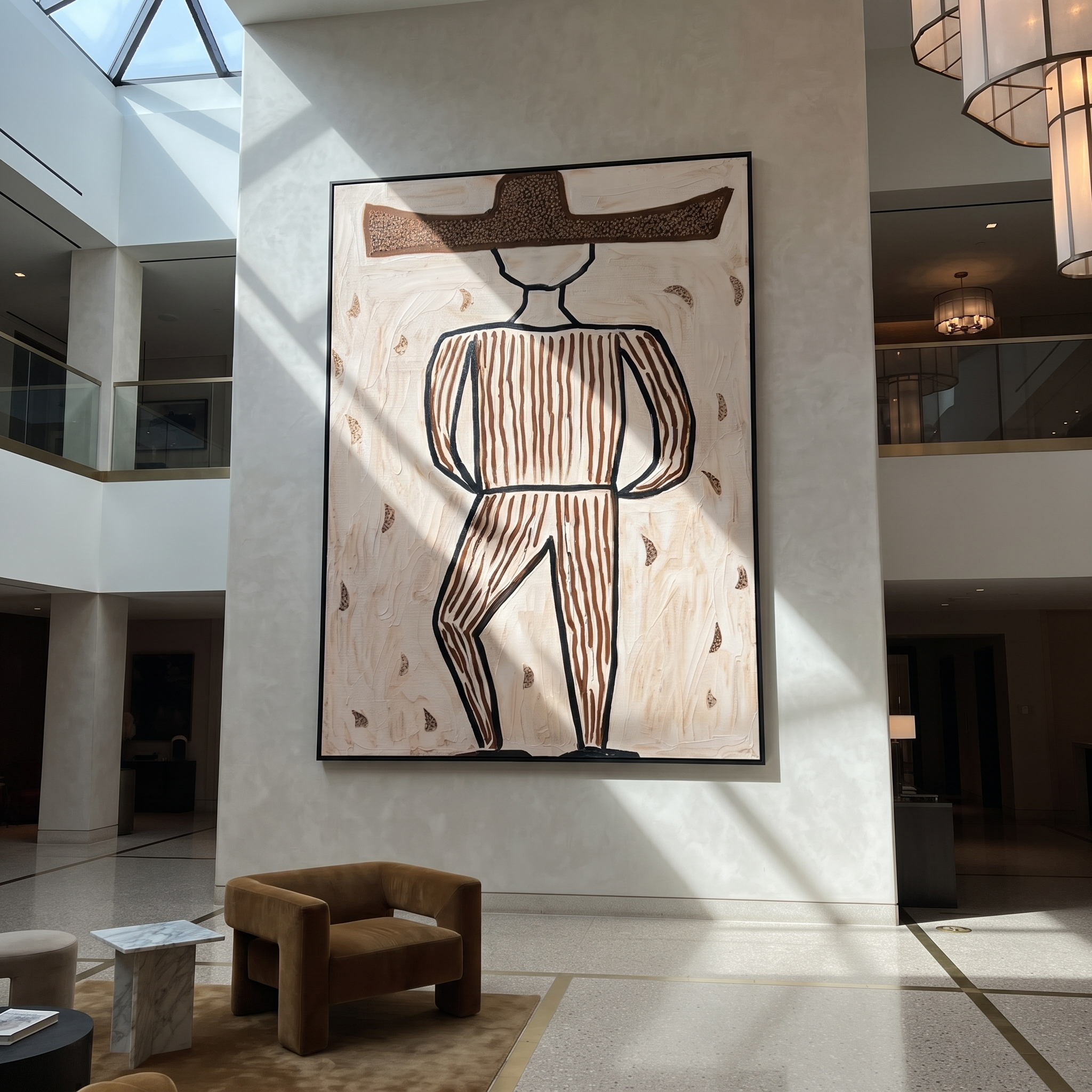 Earth Lines Walk Alone - Geometric Brown Hat Figure painting by Adrian Lee, mid-century modern vertical wall art – styled room scene view 5