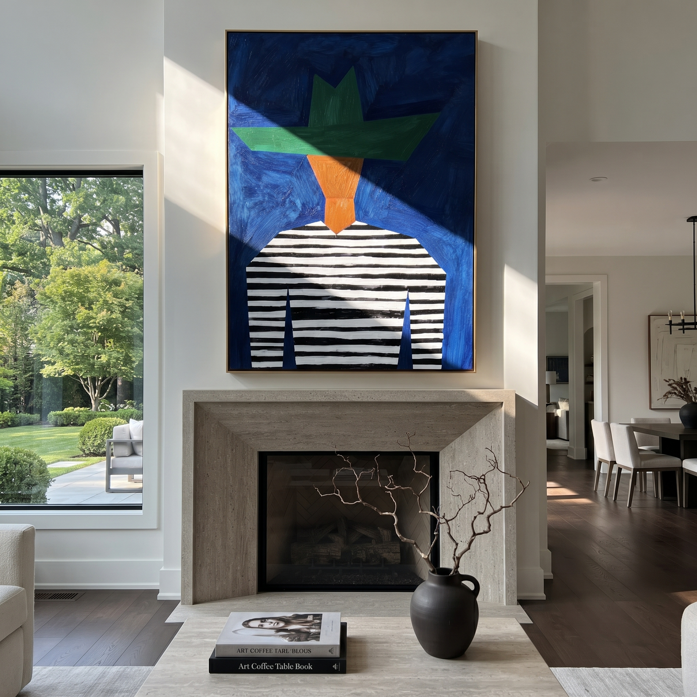 Green Crown Meets Blue Stripes - Blue Stripe Hat Portrait painting by Adrian Lee, mid-century modern vertical wall art – styled room scene view 1