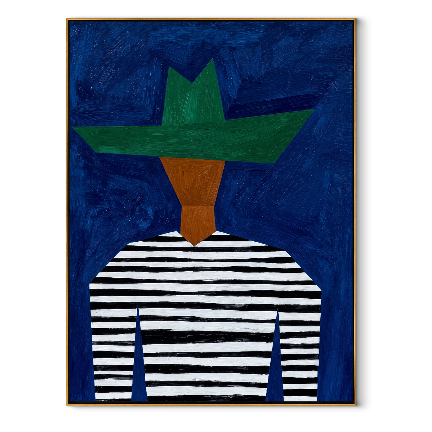 Green Crown Meets Blue Stripes - Blue Stripe Hat Portrait painting by Adrian Lee, mid-century modern vertical wall art – wood frame on white background