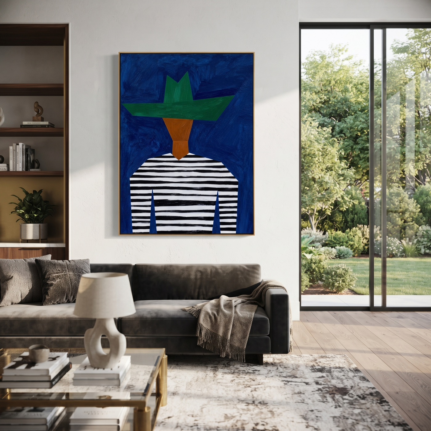 Green Crown Meets Blue Stripes - Blue Stripe Hat Portrait painting by Adrian Lee, mid-century modern vertical wall art – styled room scene view 2