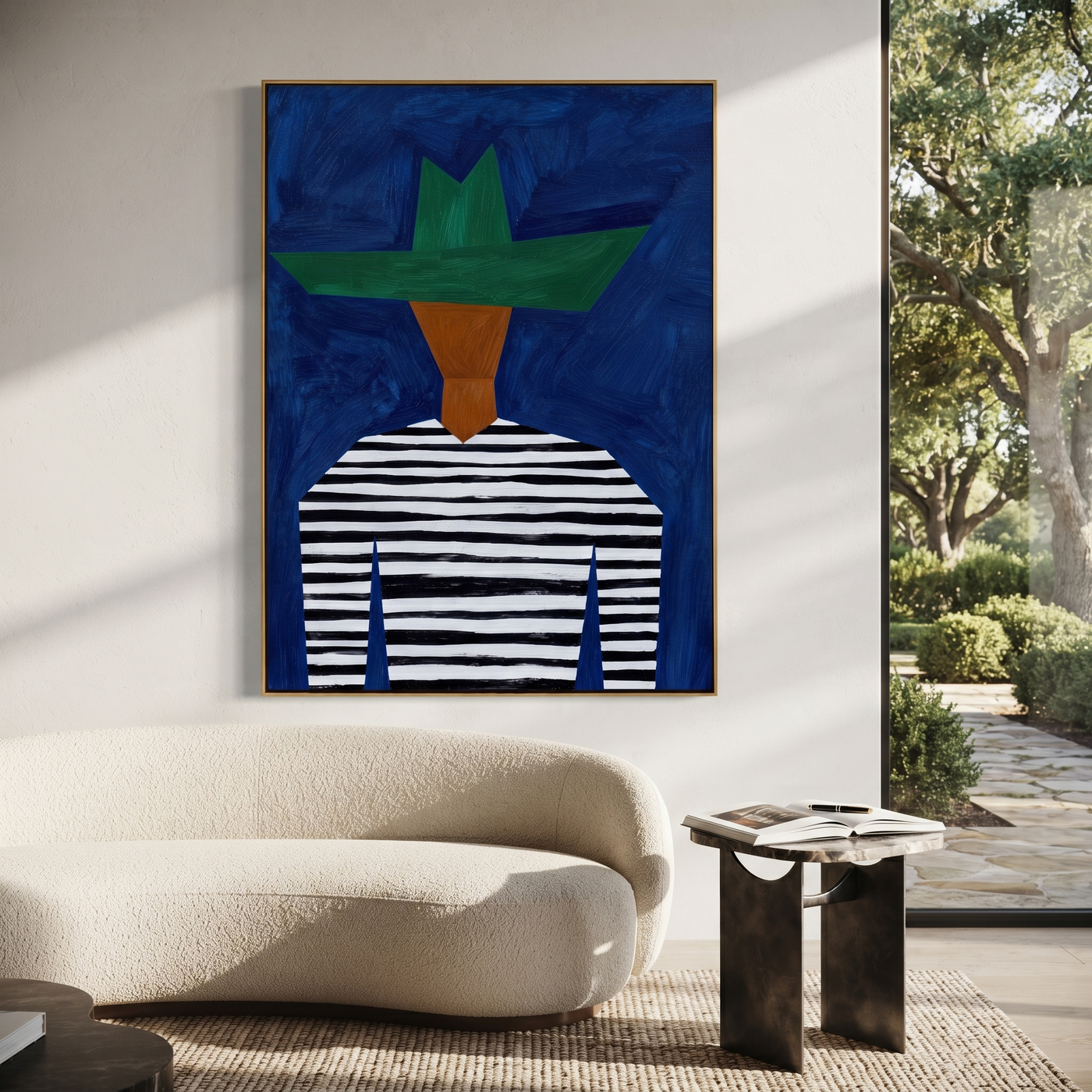 Green Crown Meets Blue Stripes - Blue Stripe Hat Portrait painting by Adrian Lee, mid-century modern vertical wall art – styled room scene view 3