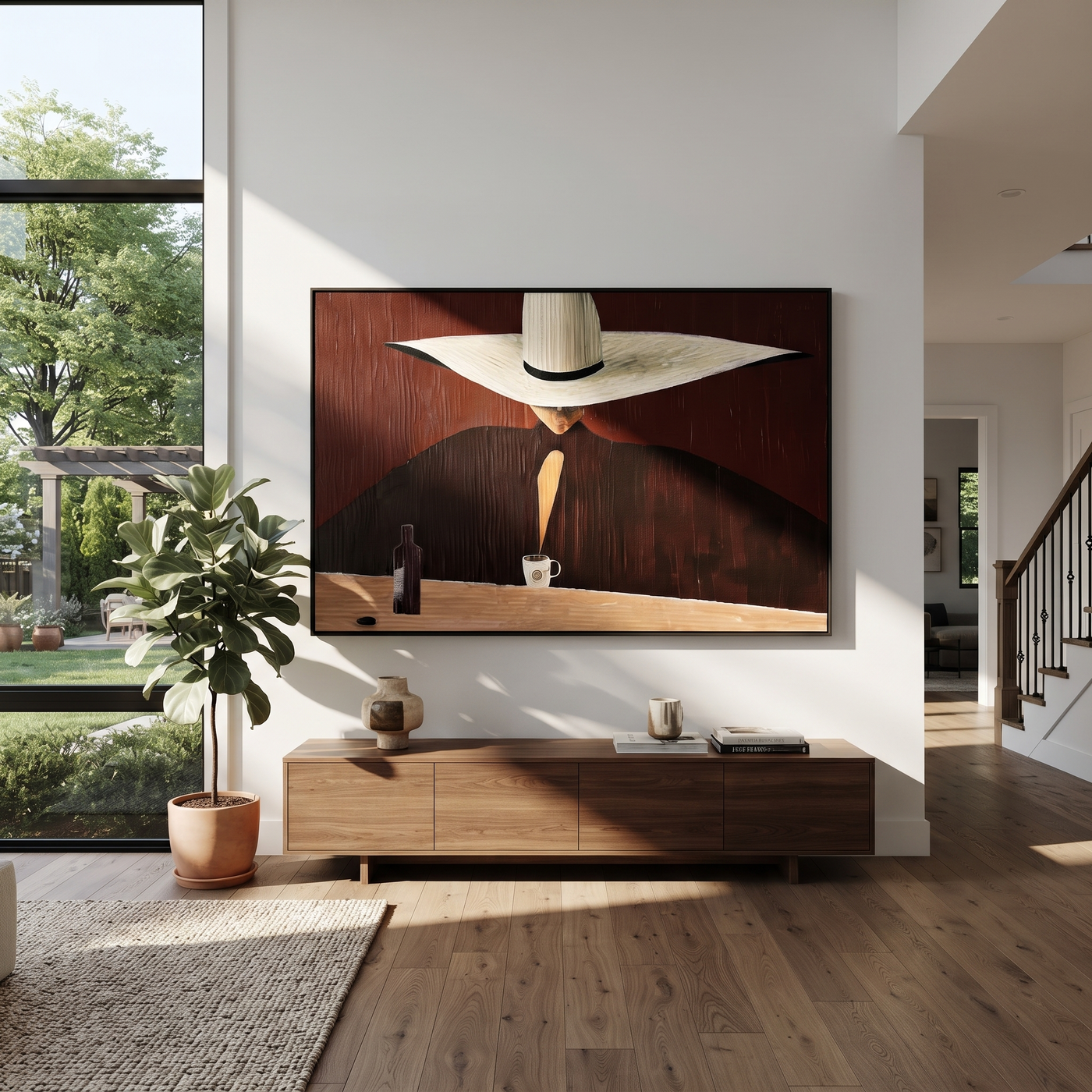 White Horizon Serves Coffee - White Hat Cafe Figure painting by Adrian Lee, mid-century modern horizontal wall art – styled room scene view 1