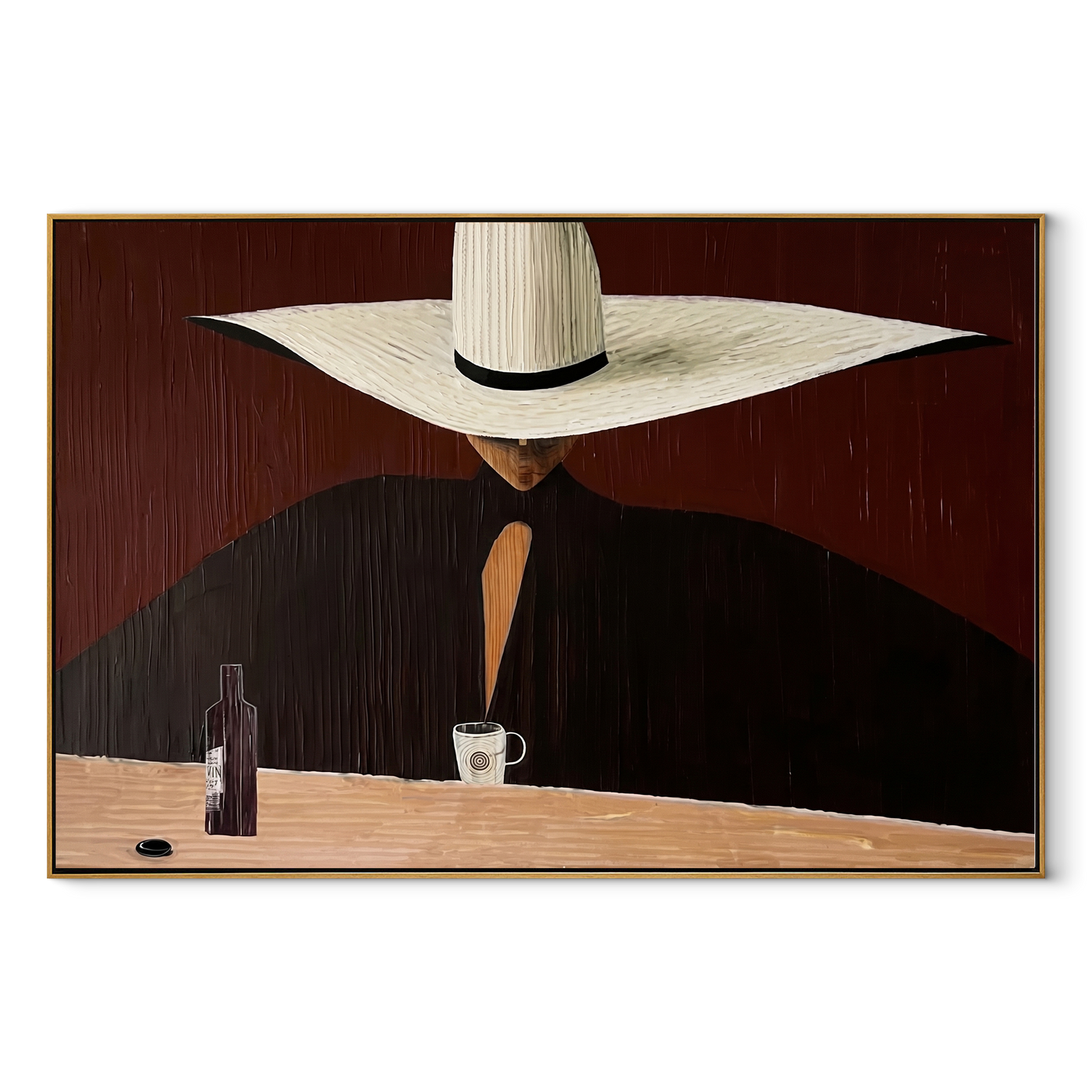 White Horizon Serves Coffee - White Hat Cafe Figure painting by Adrian Lee, mid-century modern horizontal wall art – wood frame on white background