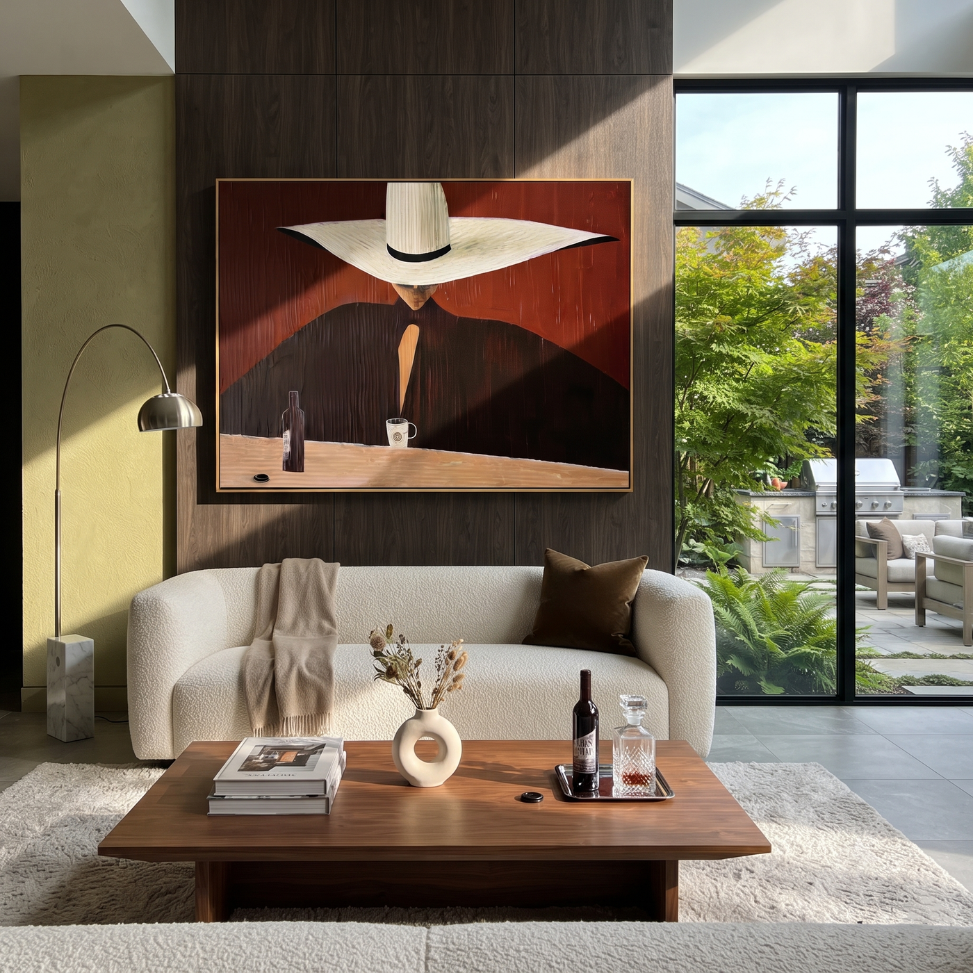 White Horizon Serves Coffee - White Hat Cafe Figure painting by Adrian Lee, mid-century modern horizontal wall art – styled room scene view 2
