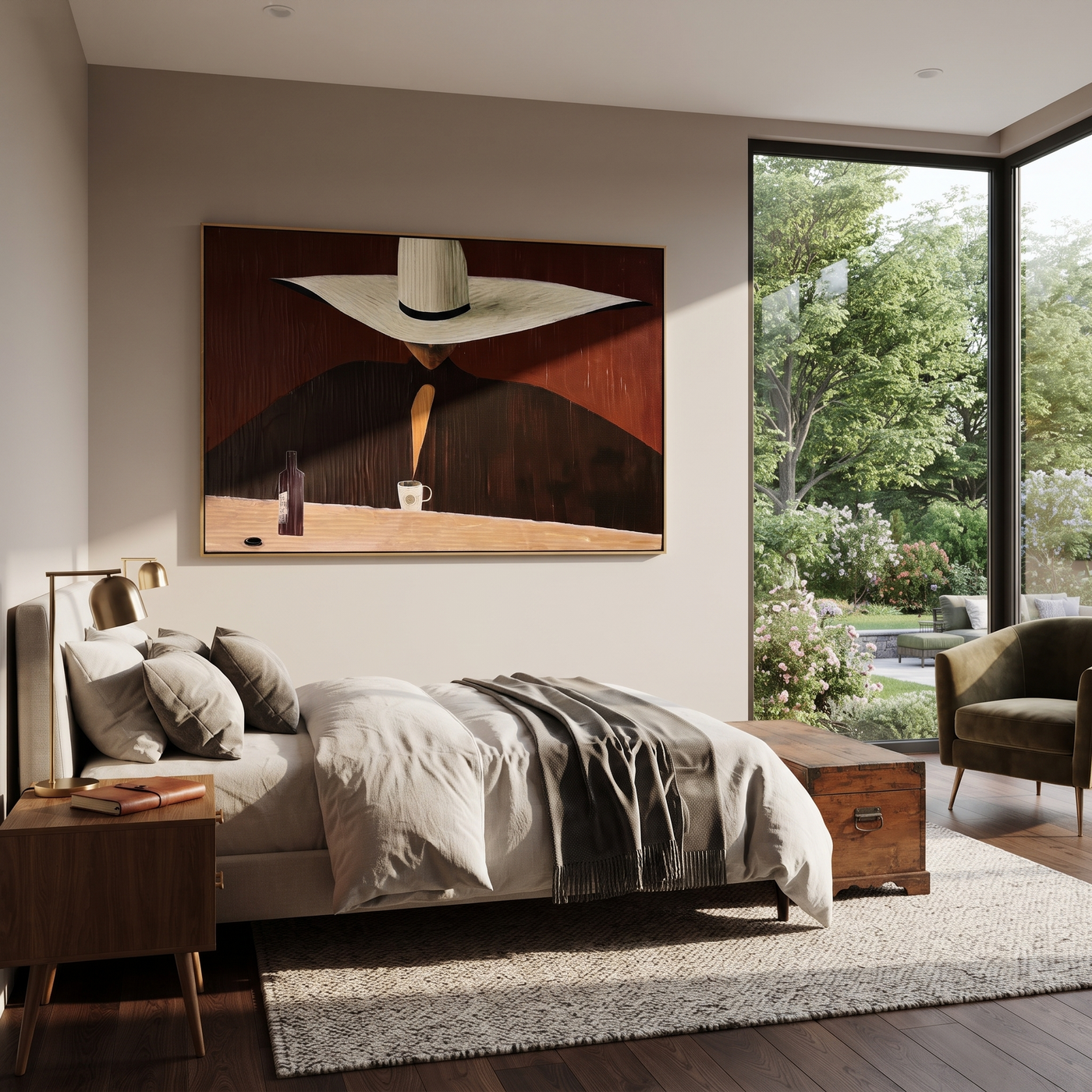White Horizon Serves Coffee - White Hat Cafe Figure painting by Adrian Lee, mid-century modern horizontal wall art – styled room scene view 3