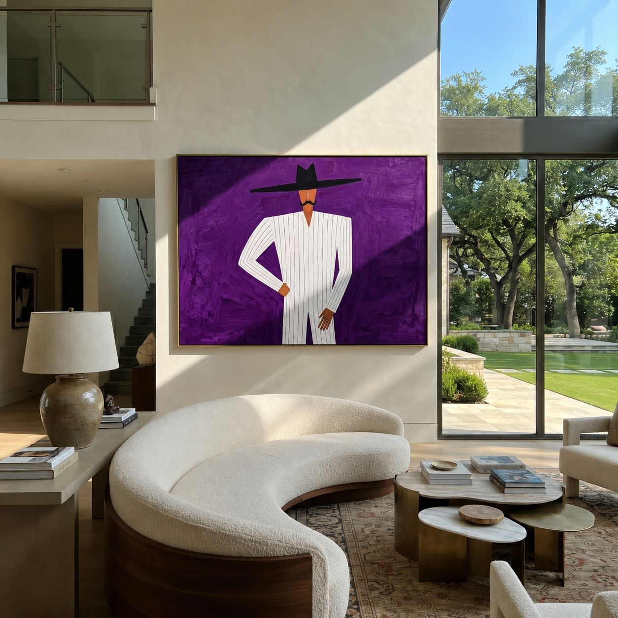 White Lines Stand Violet - White Suit Purple Ground painting by Adrian Lee, mid-century modern horizontal wall art – styled room scene view 1