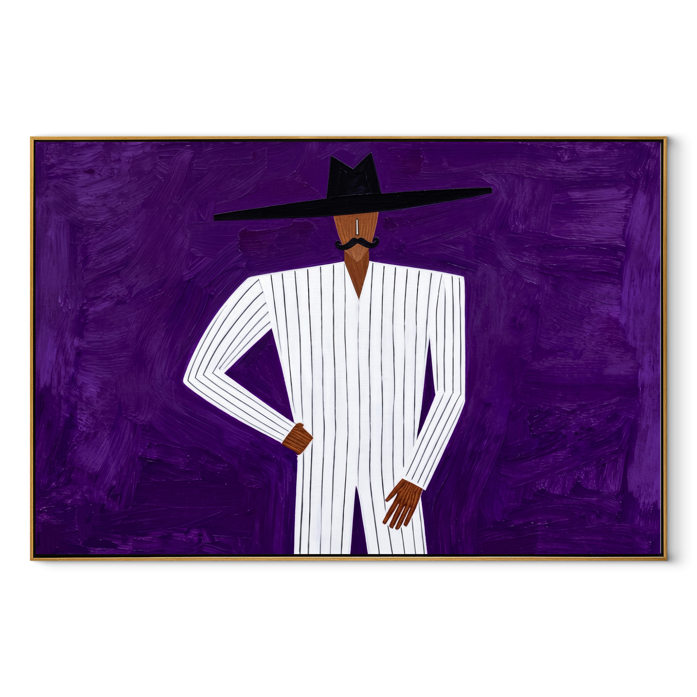 White Lines Stand Violet - White Suit Purple Ground painting by Adrian Lee, mid-century modern horizontal wall art – wood frame on white background