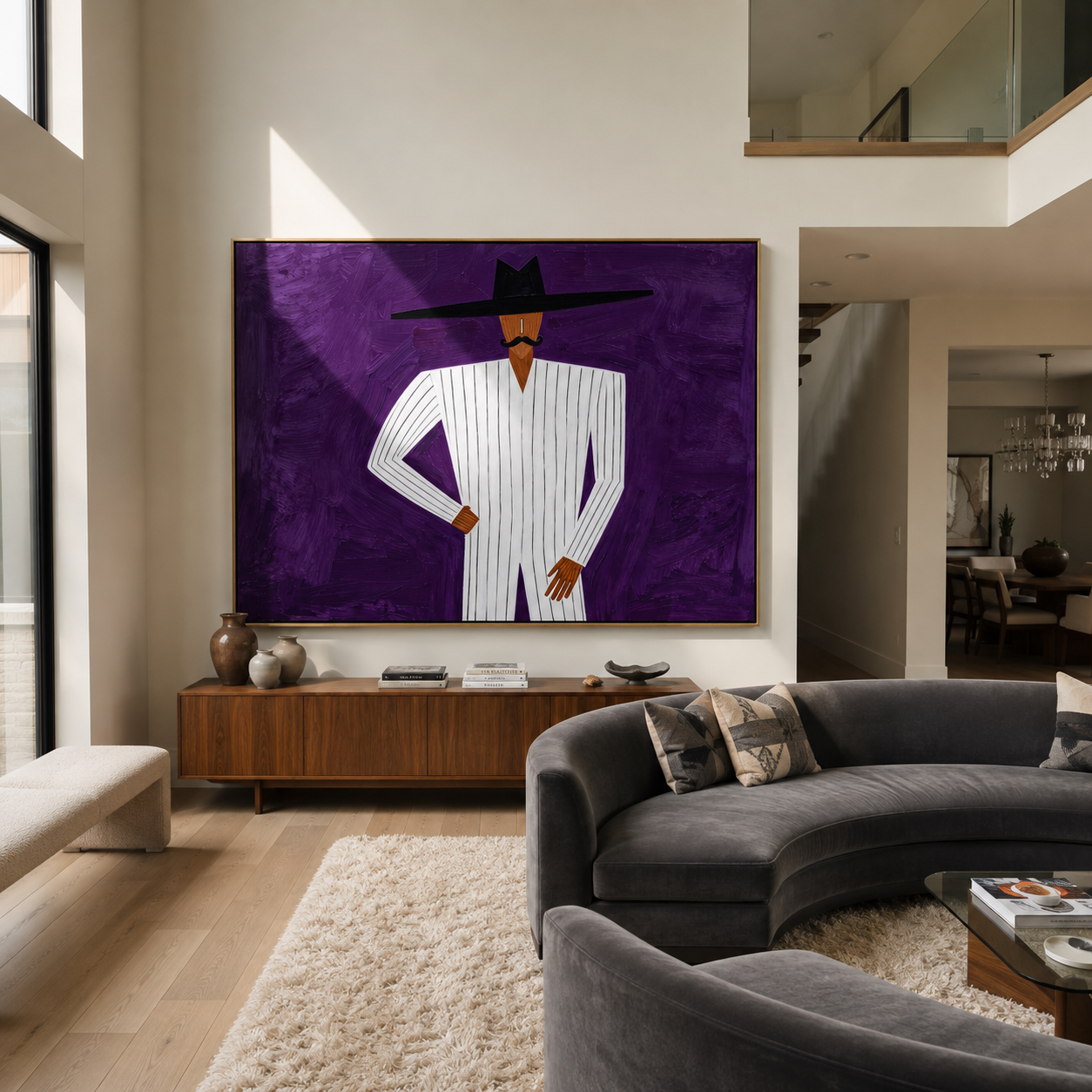 White Lines Stand Violet - White Suit Purple Ground painting by Adrian Lee, mid-century modern horizontal wall art – styled room scene view 2