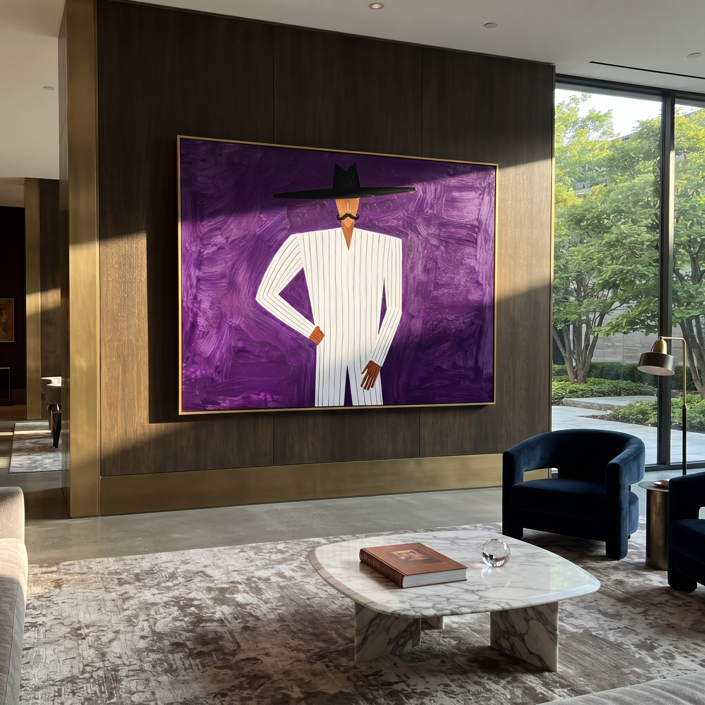 White Lines Stand Violet - White Suit Purple Ground painting by Adrian Lee, mid-century modern horizontal wall art – styled room scene view 3