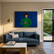 Green Hour Holds a Drink - Green Figure with Glass painting by Adrian Lee, mid-century modern horizontal wall art – styled room scene view 1