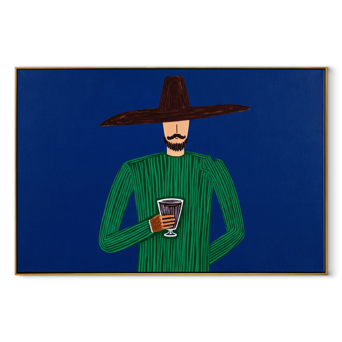 Green Hour Holds a Drink - Green Figure with Glass painting by Adrian Lee, mid-century modern horizontal wall art – wood frame on white background